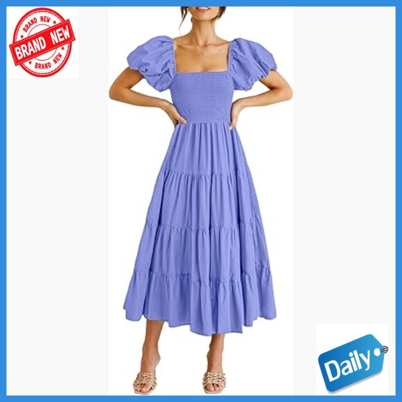 Dresses & Skirts - Puffy Sleeve Square Neck Smocked Midi Dress Tiered Ruffle Summer Casual